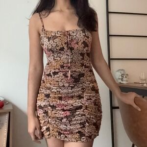 Ultra Flirt Floral Ruched Mini Dress Spaghetti Strap Tie Front Brown Pink Size M